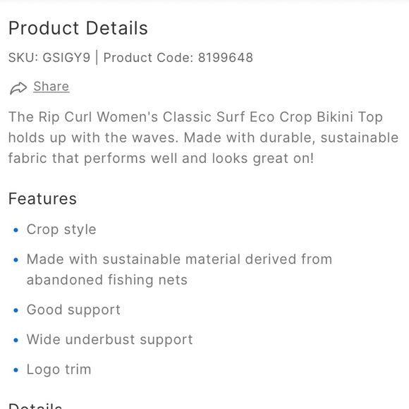 Rip Curl Women's Classic Surf Eco Crop Bikini Top Small - Picture 4 of 5